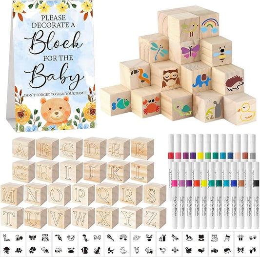 117 Pcs Baby Shower Blocks to Decorate Game Kit Includes 52 Wooden Blocks 24 Markers 1 Game Sign 40 Templates to Paint (Blue Bear)
