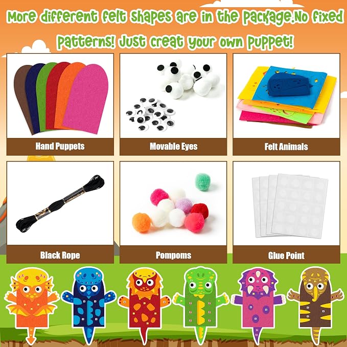WATINC Hand Puppet Making Kit, Felt Sock Puppet Toys for Kids (Dinosaurs A) | 6 Styles, Make Your Own Storytelling & Role Play Crafts, Creative Group Activity, Party Favors & Gifts for Kids Ages 4-8