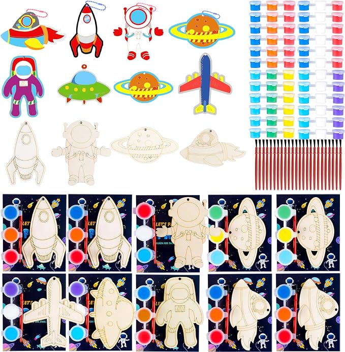 24 Pack Space Themed Party Favors - Kids Birthday Party Return Gifts Treats Goodie Bag Items Fillers Classroom Prizes Exchange Gifts, Wood DIY Keychain Painting Kits Arts Crafts Activities Toys