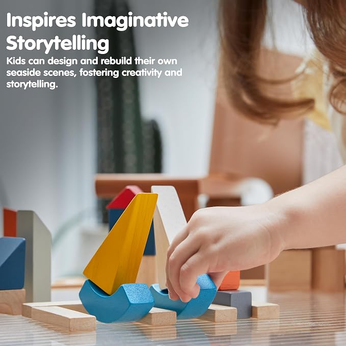 PlanToys® Marina Blocks Wooden Montessori Building & Creative Kids Play Set | shapes, boats, construction toys, sorting & stacking toys, girls, boys, spatial STEM fine motor imaginative gift preschool