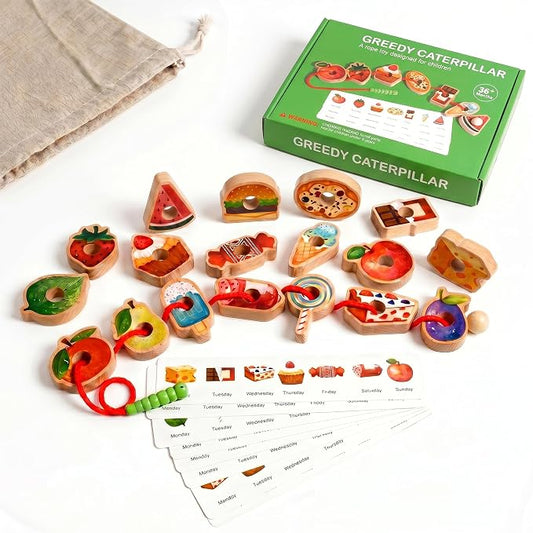 Wooden Caterpillar Lacing Toy, Fine Motor Skills Toy for Toddlers | 18 PCS Fruit Vegetable Food Threading Beads with Pattern Cards, Preschool Learning Gift