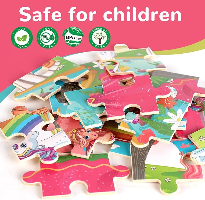 Wooden Jigsaw Puzzles for Preschool Kids Ages 3-5, 4-Pack with 20 Pieces Unicorn Princess Wood Puzzles Set, Preschool Gifts for Boys Girls Ages 3 4 5 6