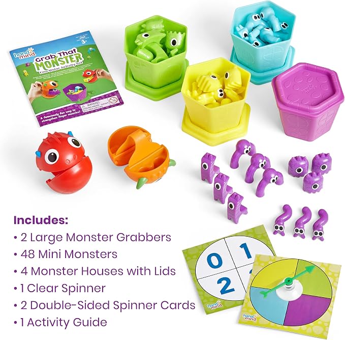 hand2mind Grab that Monster Fine Motor Activity Set, Ages 3+ | Occupational Therapy Toys, Fine Motor Skills Toys for Toddlers, play Therapy Games for Kids, Preschool Learning Activities