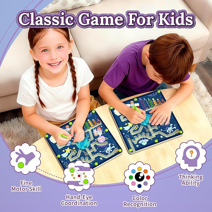 LOVELAND Magnetic Color and Number Maze - Wooden Montessori Toys for 2-3 Year Old, Space Theme Fine Motor Sorting Board, Travel Learning Activities, Toddler Quiet Puzzle Gift