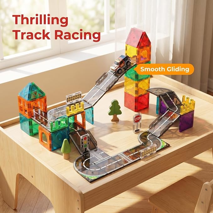 Magnetic Tiles Road Set, 89 PCS Magnetic Building Blocks with Roads | Bridges & Ramps, STEM City Building Toys for Kids Ages 3-8, Educational Construction Magnet Toys, Gifts for Boys Girls
