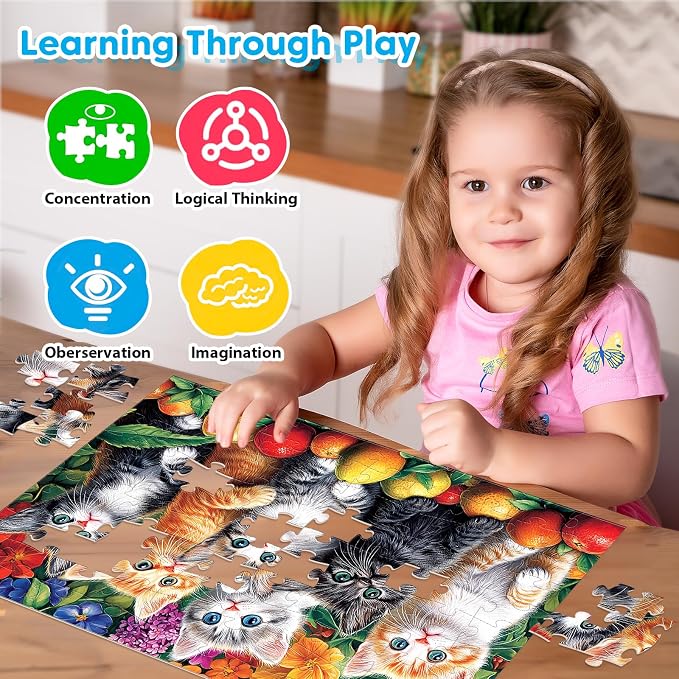 4 Packs 100 Piece Puzzles for Kids Ages 4-6 6-8 8-10, Cats Dogs Sea World Mushroom Large Piece Puzzle for Seniors 100 Pieces Adults Jigsaw Puzzle Learning Educational Xmas Toys for Boys and Girls