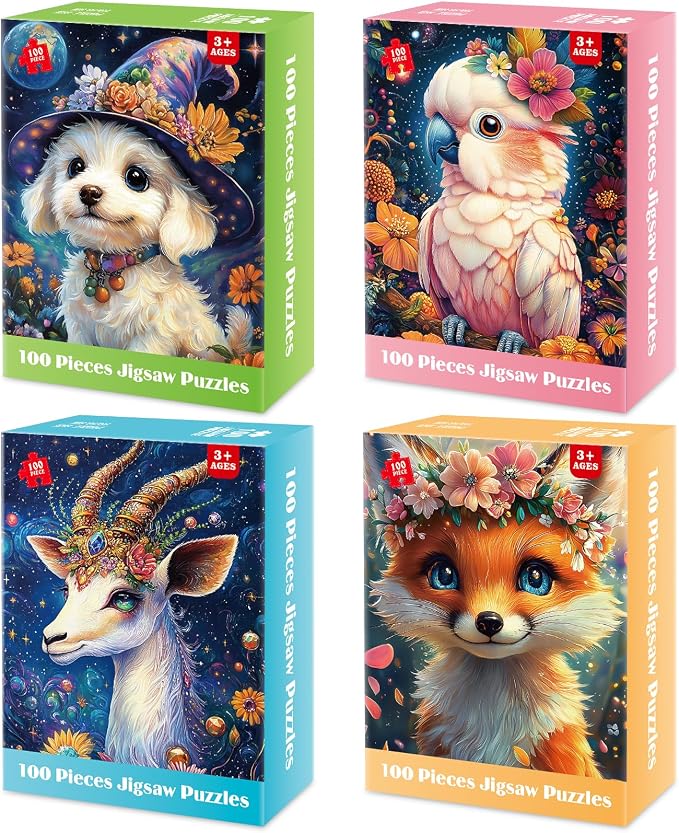 4 Packs 100 Piece Puzzles for Kids Ages 4-6, Jigsaw Puzzles for Kids Ages 6-8 8-10 Adorable Animals Puzzles 100 Pieces for Senior Search and Find Learning Educational Toys for Boys and Girls