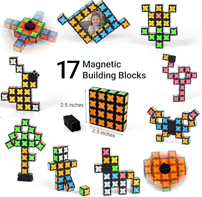 TOSY Magnet Fidget Spinner Glow - 16 Blocks, 3 in 1 Toy: Transformable Fidget Spinner, Infinity Cube, 2x2 Puzzle Cube, Glow, STEM/STEAM Magnet Tiles Birthday Gift for Kids/Boys/Girls/Adults, 2-Pack
