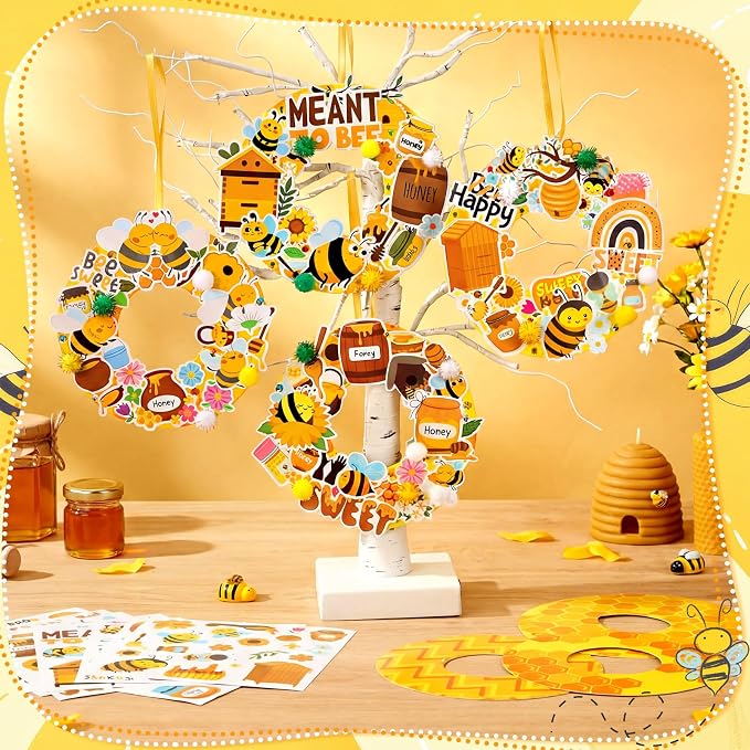 Hollowfly 48 Sets Bee Craft Kits DIY Summer Wreath with Honey Stickers | Paper Bee Crafts for Kids Activities, Sunflower Decorations with Adhesive Honey Stickers, Hanging Ornaments for Party