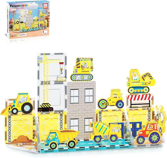 PicassoTiles Magnetic Tile Construction Set with 8 Vehicle Figures and 18 Printed Panels STEM Educational Building Kit for Kids Age 3 Plus Creative Play Learning Blocks Motor Skills Development PTQ21