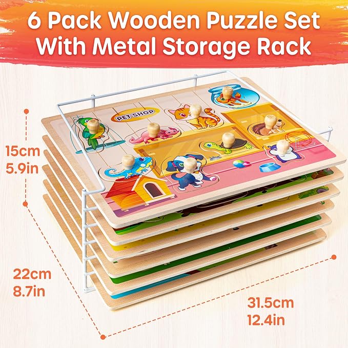 SYNARRY Wooden Puzzles for Toddlers 1-3, 6XSET Animals Puzzles for Toddlers 2-4 with Rack, Toddler Puzzles Ages 2-4, Kids Learning Educational Montessori Toys, Education Toys for 2 3 Years Boys Girls