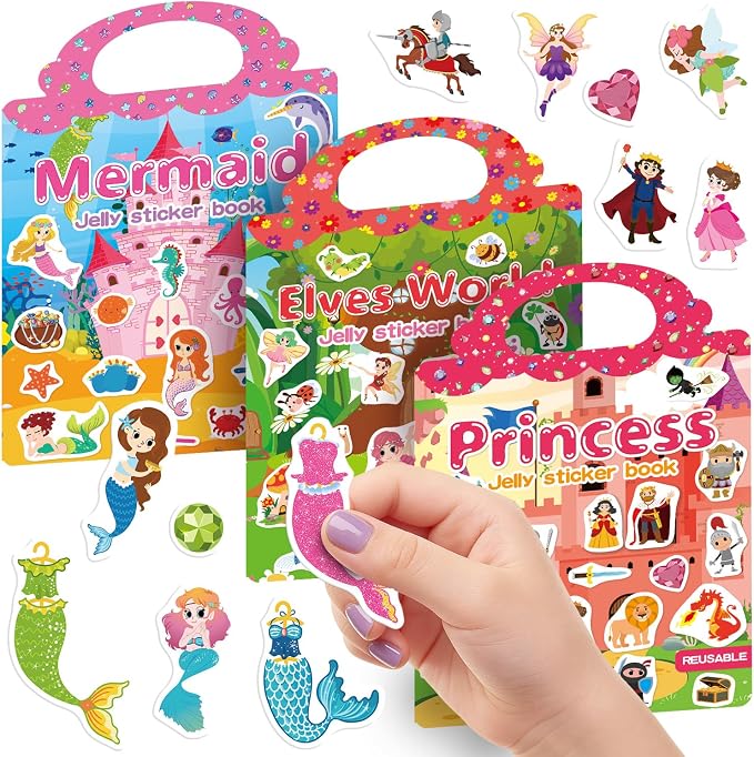 3 Sets Reusable Sticker Book for Toddlers 3-6, Jelly Sticker Books for Toddler, Travel Sticker Activity Toys for Kids 3 4 5 6 Years Old Girls & Boys(Princess+Mermaid+Elves World)
