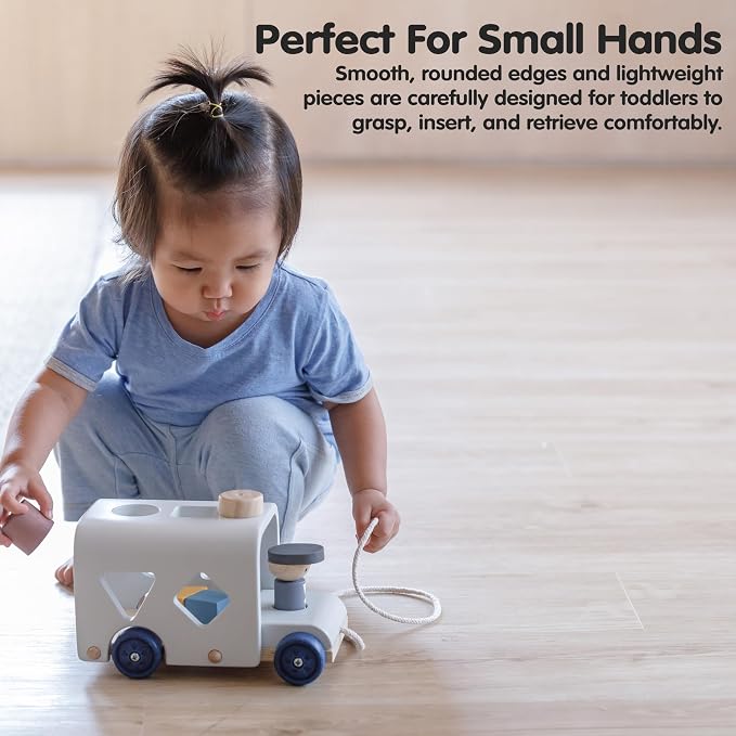 PlanToys® Wooden Shape Sorting Bus Toy for Kids Ages 3+ Montessori Play Set | pull along toy, shape sorter, color learning, girls, boys, fine motor coordination educational gift for toddlers age 3+