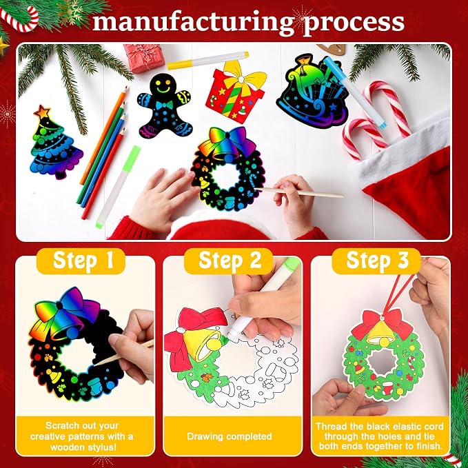 Garma 72Pcs Christmas Crafts Scratch Art for Kids, Rainbow Scratch Paper Christmas Ornaments Crafts Christmas Party Favors Toys Xmas Tree Ornaments Hanging Craft Art Kits