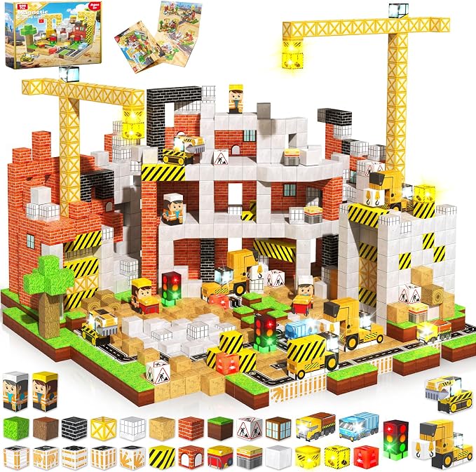 ToyUnited 200PCS Light Up Magnetic Blocks - Magnet Building Blocks, Stacking Magent Cubes Construction Theme, STEM Montessori Sensory Educational Birthday Gifts Toys for Kids Boys Girls Ages 3-12