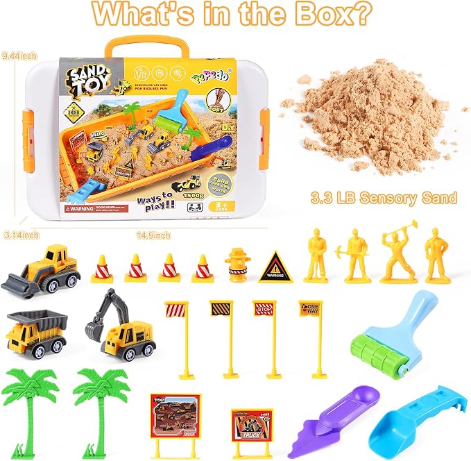 Construction Sensory Bin, 3.3lbs Sensory Sand, Play Sand for Kids 3+ | Sand Construction Site Kit, Construction Trucks, Traffic Signs, Worker Figures, Pretend Play Sand Toys for Boys Ages 3+