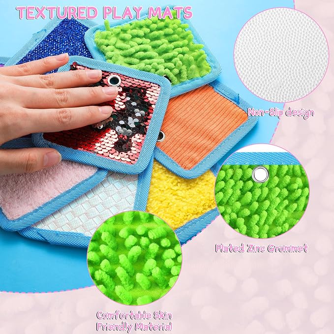 Boao 8 Set Mini Sensory Mats Assorted Textured Play Mats Sensory Floor Tiles Educational Tactile Toys for Activity(4 Inch,Square)