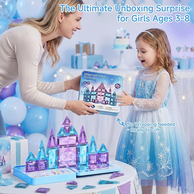 burgkidz Magnetic Tiles Travel Mix: Castle Gift for Girls 3-8 Portable | 42pcs mix sizes, ice-purple, storage tin base, 595g, BPA-free, ASTM safe, strong magnets, screen-free travel for girls 3-8