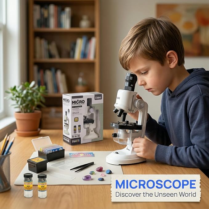 Kids Microscope Kit with LED Light - 100X/400X/1200X Magnification for STEM Learning, 12 Prepared Slides, Easy-to-Use Science Learning Kit (Ages 5-12) - White