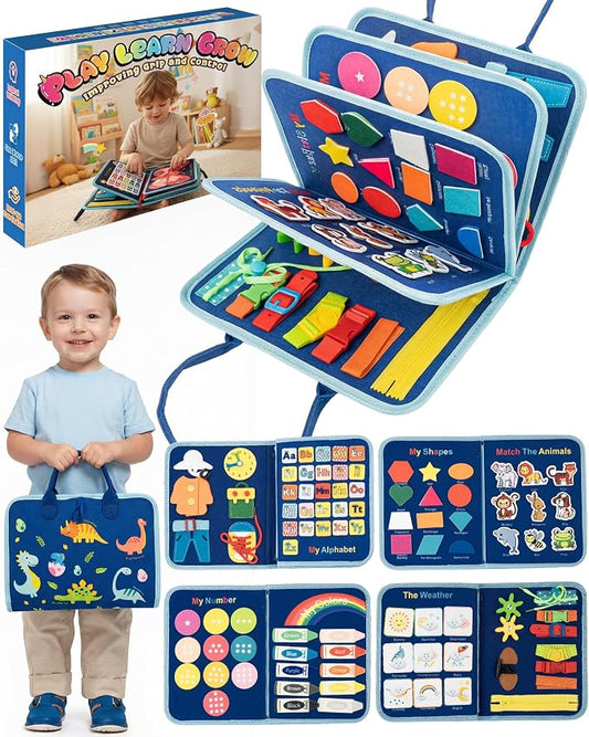 Dinosaur Busy Board for Toddlers, 8-Page Blue Sensory Activity Book with Buckles & Zippers, Montessori Learning Toy for Fine Motor Skills, Screen-Free Airplane Travel Toy for Boys