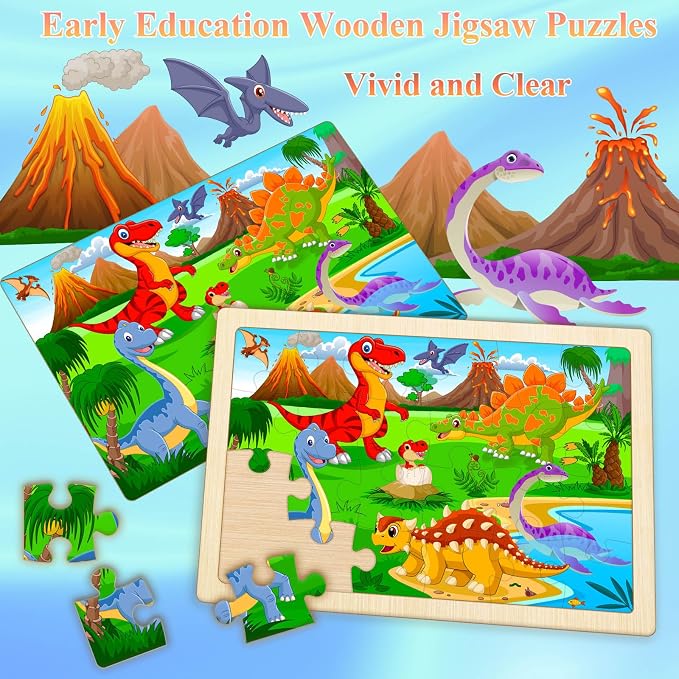 Wooden Puzzles for Kids Ages 4-6, 4 Pack 24 Pcs Toddler Puzzles Set for Ages 3-5, Educational Learning Toys Gift for Boys Girls 3 4 5 6 Year Old, Dinosaur Animal Ocean Vehicle