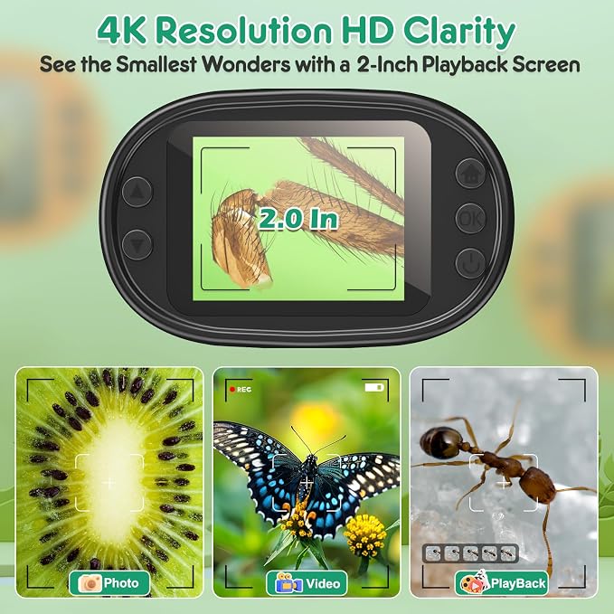 Kids Digital Microscope Science Gift: Complete STEM Toy Kit for Ages 4-12 | 32GB Card for Photos & Video / Custom EVA Case / Real Glass Slides / Upgraded 3mm Slide Slot / 2.5H Rechargeable Use