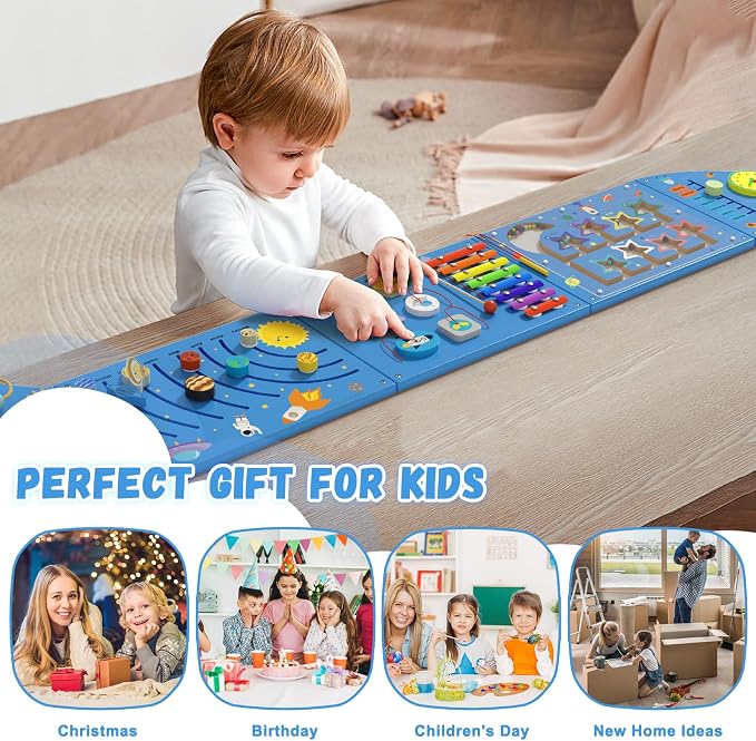 Rocket Activity Wall Busy Board Panels - Sensory Wall Panel for Kids, Montessori Toddler Wall Activity Board, Wall Toys for Toddlers 3, Activity Cube, Wooden Boards, Blue
