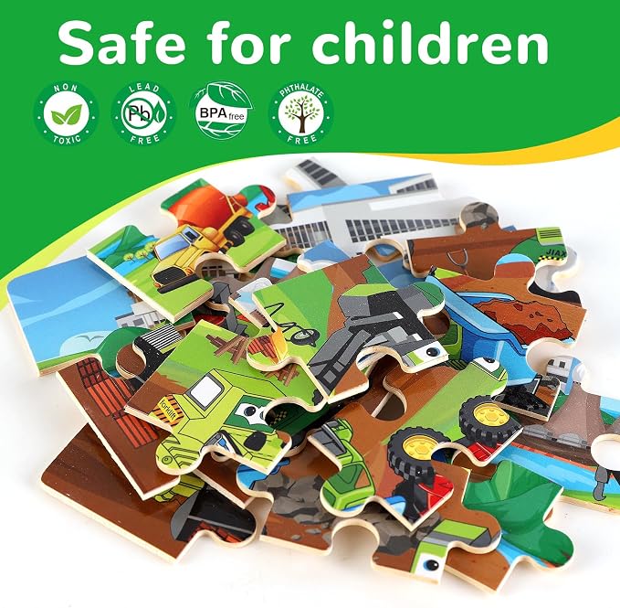 Wooden Educational Jigsaw Puzzles for Preschool Kids Ages 3-5, 4-Pack with 20 Pieces Transportation Wood Jigsaw Puzzles Set, Preschool Gifts for Boys Girls Ages 3 4 5 6