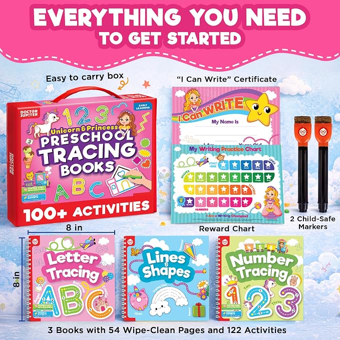 Doctor Jupiter Preschool Tracing Books for Toddlers, 3+ Year Old Kids |Learning Activity Books, Unicorn & Princess Educational Toys, 100+ Wipe Clean Preschool & Kindergarten Activities