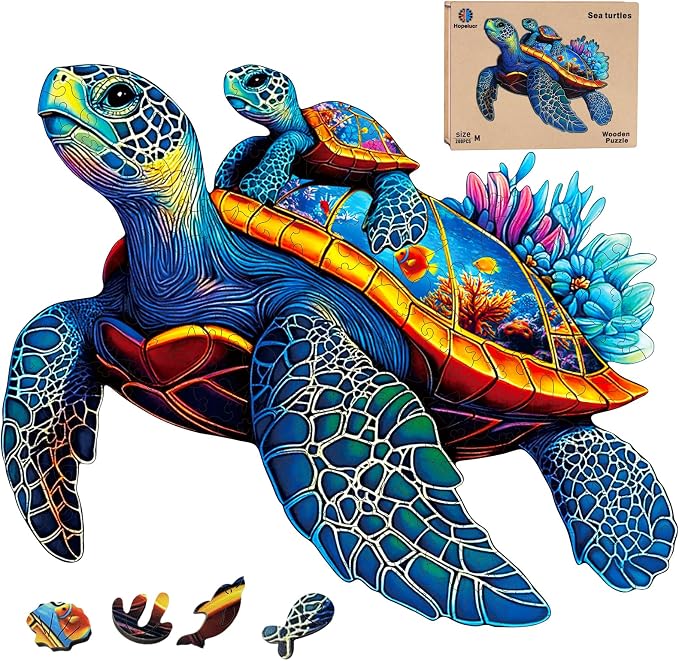 Wooden Jigsaw Puzzles for Adults Teens Kids, Parent & Baby Sea Turtle Wood Puzzle, Wooden Puzzles for Adults, Unique Animal Shaped Puzzle, Fun Challenging Family Games, 300pcs 15.5" x 11.7"