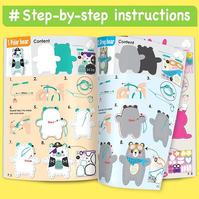EZCRA Bear Sewing Kit for Kids Ages 4-8 - 4 Beginner Felt Projects | Animal Sewing Craft Kit for Boys and Girls. 4 Beginner DIY Felt Projects. No Mess Gift for Boys and Girls.