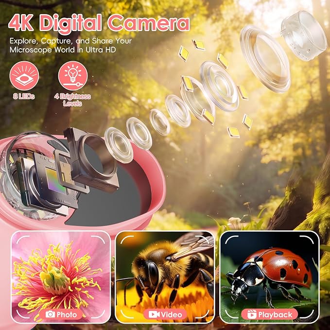 4K 1000X Handheld Digital Microscope for Kids with 2.0" IPS Screen(Pink) | 200-1000X Magnification, STEM Toys Birthday Gifts for Girls Boys Child, Science Kits for Kids Age 4-12