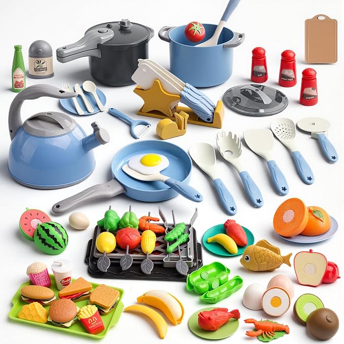 105Pcs Kids Kitchen Toy Accessories, Toddler Pretend BBQ Camping Cooking Playset, Play Pots, Pans, Utensils Cookware Toys, Play Food Set, Vegetables, Learning Gift for Girls Boys