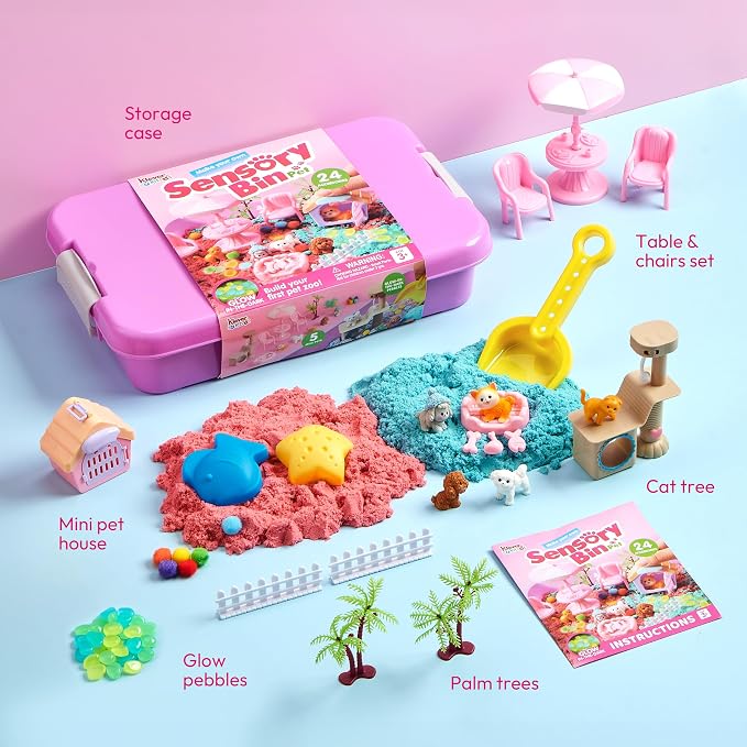 JOVA Klever Kits Cute Pet Sensory Bin for Kids with Glow in The Dark Stones, Sandbox with Lid Dual-Color Sand, Preschool Learning Activities Gifts for Boys Girls Age 3+