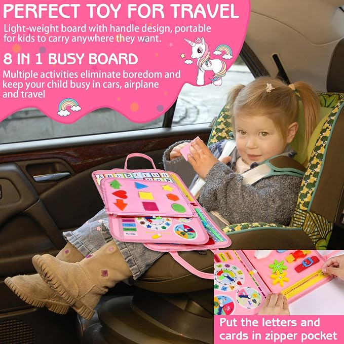 Esjay Busy Board Montessori Toys for Girls, Sensory Book Educational Activities for Learning Fine Motor Skills, Birthday Gifts for Girls, Travel Toys for Airplane Car, Pink Multipages