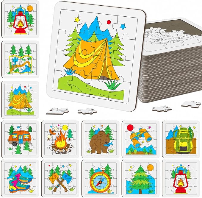 Cinrobiye 24 Pcs Camping Coloring Jigsaw Craft Kit for Kids, DIY Outdoor Adventure Activity Set Bulk with 12 Designs, Happy Camper Party Favors, Classroom Art Projects