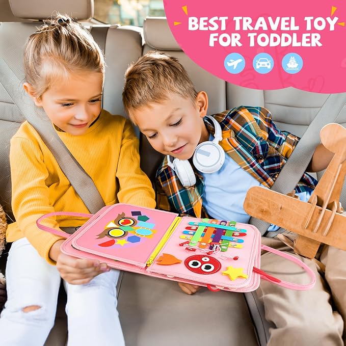 Toddler Busy Board, Montessori Sensory Toys for Boys, 3-8 Year Old Girl Toddler Travel Toys, Educational Learning Activities Board for Motor Skills, Birthday Gifts for Airplane Car, Pink