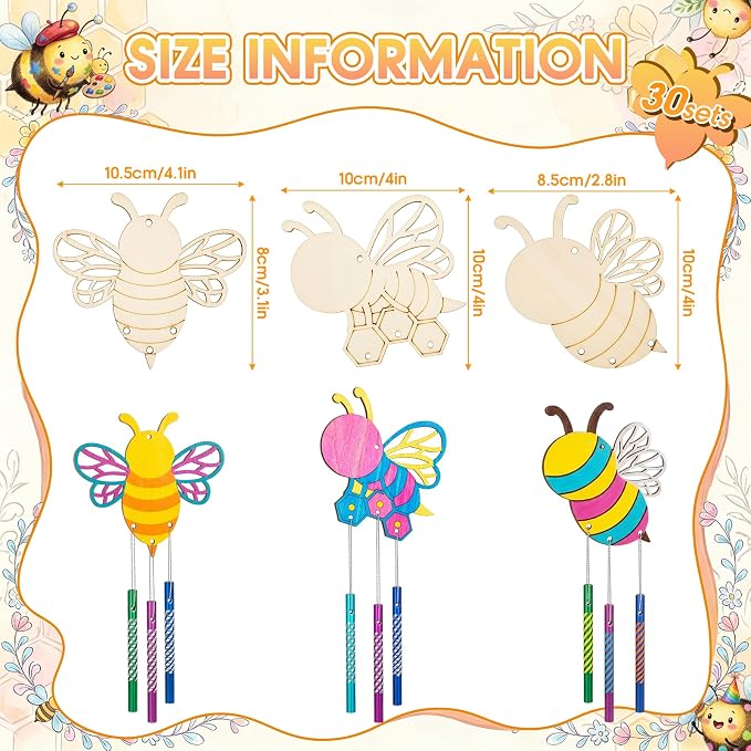Leinuosen 30 Pcs Wind Chime Kit Make Your Own Bee Crafts for Kids | DIY Bee Windchimes Crafts Decorative Coloring Wooden Crafts for Spring Summer Party Art Activities Home Patio Decor