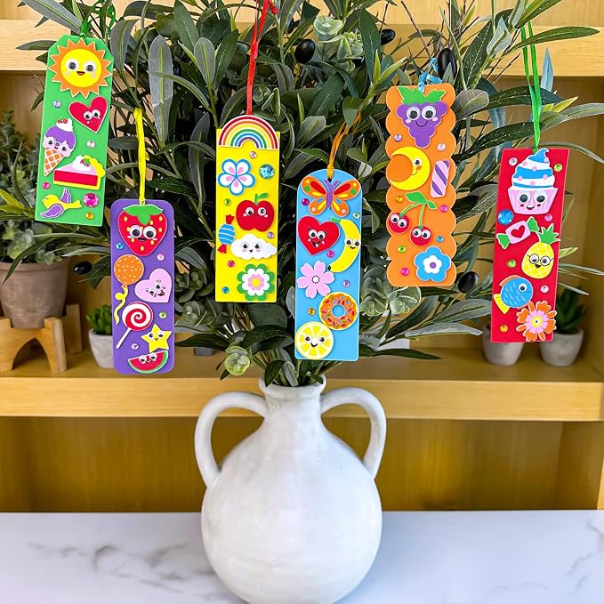 Winlyn 36 Sets Summer Crafts Kits DIY Whimsical Bookmarks Decorations Art Sets Fruits Treats Animals Sun Rainbow Foam Stickers for Kids Classroom Activities Reading Rewards Birthday Camp Party Favors