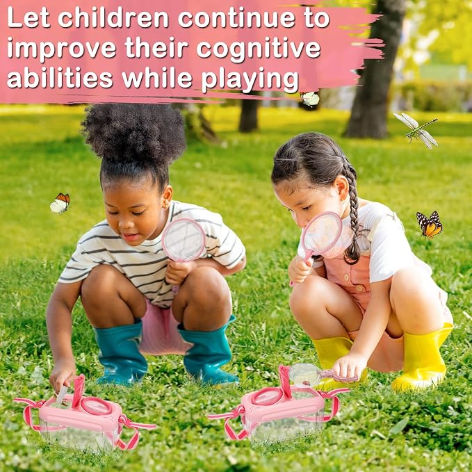 2 Sets Bug Catcher for Kids, Bug Catching Kit Gifts with Butterfly Net Toys | Built-in Magnifying Glass Bugs Box, Kids Camping Toys Bugs Collection Outdoor Explorer Kit for Girls Age 3 4 5 6 7 8, Pink
