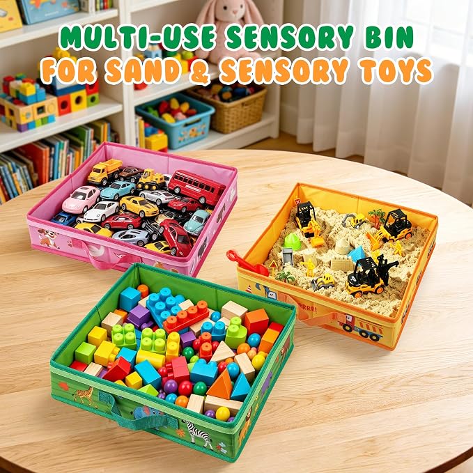 Billeeit. 3 Pack Sand Box Sensory Bins with Zipper Lid & Carry Handle | 15 Inch Printed Foldable Portable Stackable Sand Play Storage Bins for Kids 3+ Indoor & Outdoor Toy