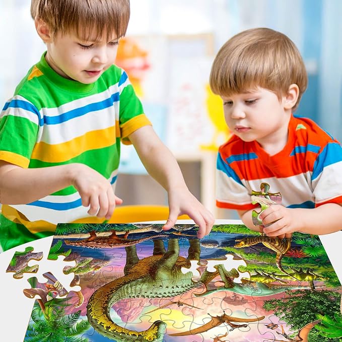 Puzzles for Kids Ages 4-6 – 2 x 60 Pieces World of Huge Dinosaurs | Puzzles for Kids Ages 3-5 6-8, Educational Learning Dinosaurs Toys, Gift for Boys and Girls