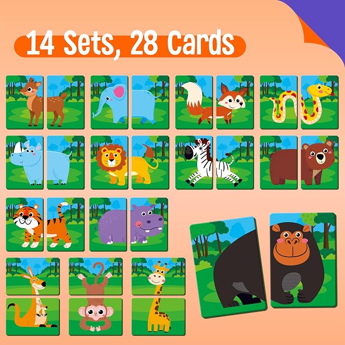 SpriteGru Jungle Animal Memory Game, 28 Chunky Cards Wild Animal Head Tail Matching Game 1-5 Players Memory Matching Game for Age
