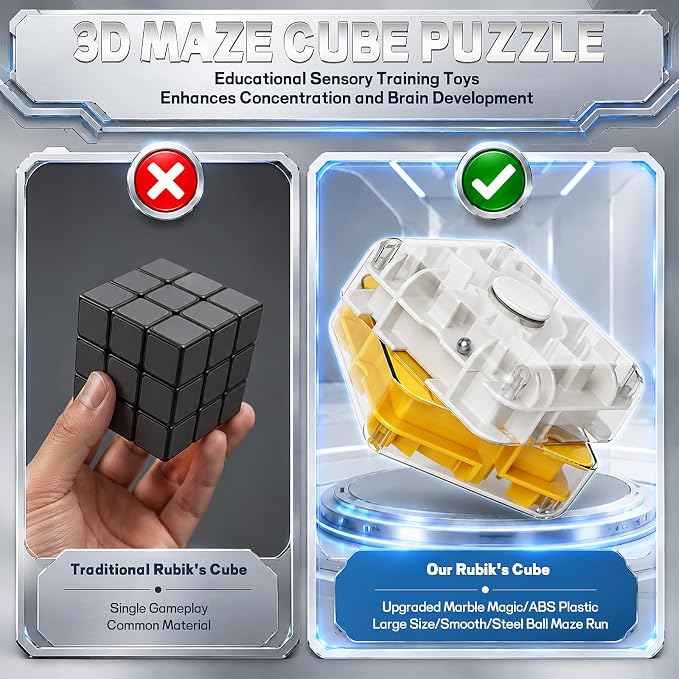 3D Maze Cube Ball Puzzle Brain Teaser for Adults & Kids, Educational Learning Toys Logical Thinking, Family Board Games Tabletop, Durable Puzzle Cube (White&Yellow, 2.4x1.8x2.4)