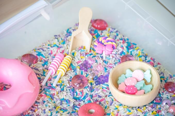Sweets Shop Sensory Bin Kit for Kids | Bright Rainbow Rice, Candy Erasers, Donut Containers & Wooden Tools – Includes Clear Storage Bin