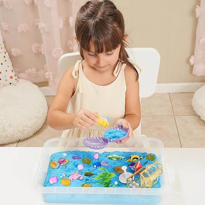 38 PCS Mermaid Sensory Bin with 2 lb Magic Sand, Ocean Molds & Treasure Accessories – Creative Sand Play Gift for Girls Ages 3–8