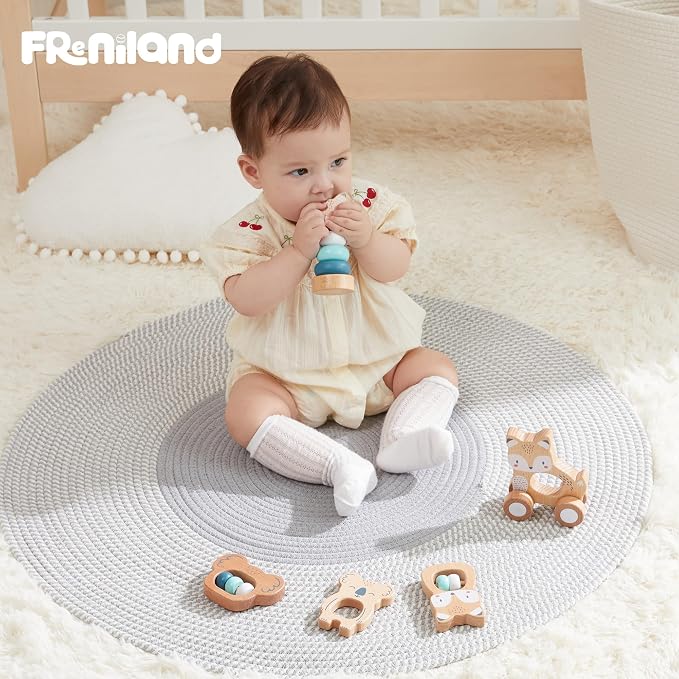 FReniland Wooden Montessori Toys, 5-Piece Wooden Baby Toy, Koala Baby Rattle, Fox Stacking Ring, Little Fox Push and Pull Toys,Koala Holding Toy,Newborn Baby Gift Sets for Boys and Girls
