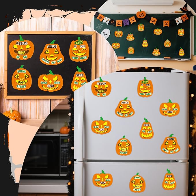 Haooryx DIY Halloween Christian Jesus Pumpkin Magnet Craft Kit | 30 Set Make Your Own Religious Fall Pumpkin Sticker Craft Decor, School Class Art Project Refrigerator Bulletin Board Decor