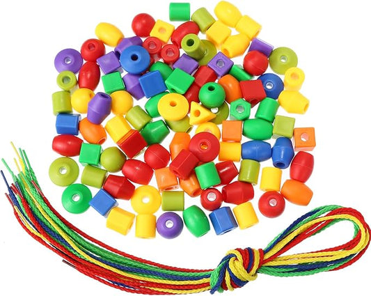 TOODOO Plastic Lacing Beads with 100 Beads and 10 Colorful Strings, String Bead Set for Toddlers Preschool Learning Educational Occupational Autism Hand-Eye Coordination & Color Sorting Toys for Kids