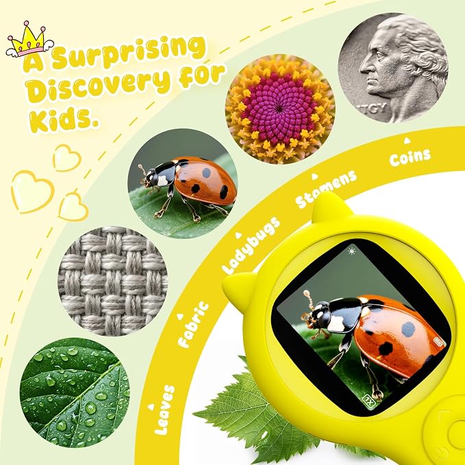 Kids Microscope for Summer Vacation, 500X Portable Digital Microscope with 2" IPS Screen, Beach Nature Discovery STEM Toy for Kids Age 5-12 (Yellow)